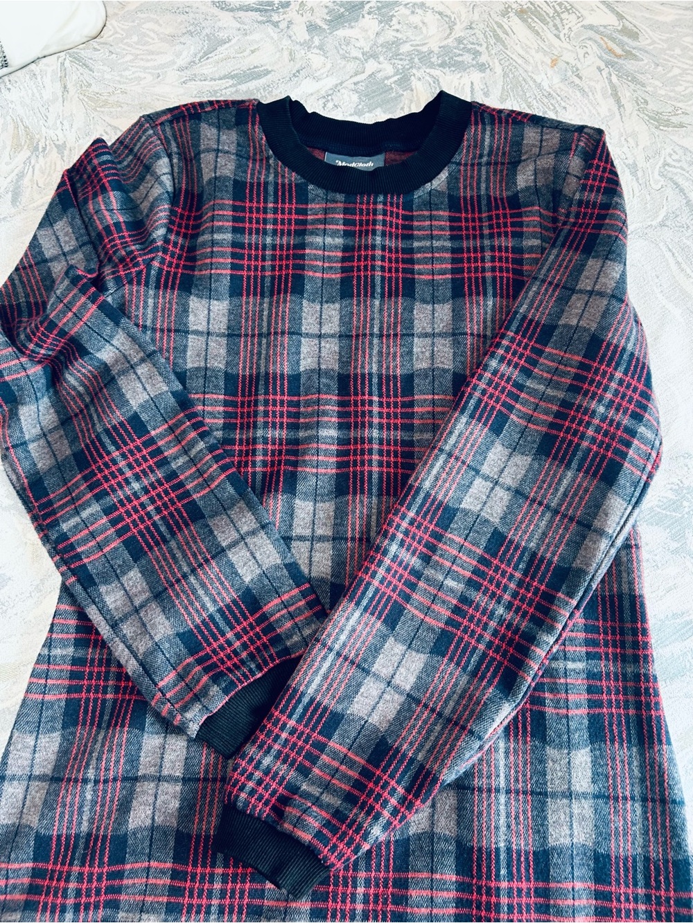 Modcloth Plaid Crewneck Sweater - Navy, Gray & Red